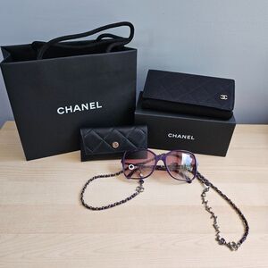 Chanel Sunglasses 5210QA 1758/8H Black Gunmetal Purple Leather Logo Chain w/Case